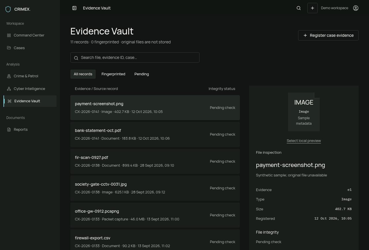 Evidence Vault — captured from the working CRIMEX application