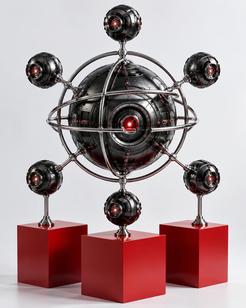 Abstract metallic network sculpture on red architectural blocks